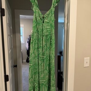 Green Printed Sleeveless Maxi Dress with V-Neck